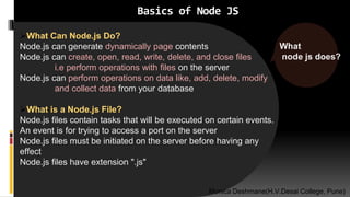 Basics of Node JS
What Can Node.js Do?
Node.js can generate dynamically page contents
Node.js can create, open, read, write, delete, and close files
i.e perform operations with files on the server
Node.js can perform operations on data like, add, delete, modify
and collect data from your database
What is a Node.js File?
Node.js files contain tasks that will be executed on certain events.
An event is for trying to access a port on the server
Node.js files must be initiated on the server before having any
effect
Node.js files have extension ".js"
What
node js does?
Monica Deshmane(H.V.Desai College, Pune)
 