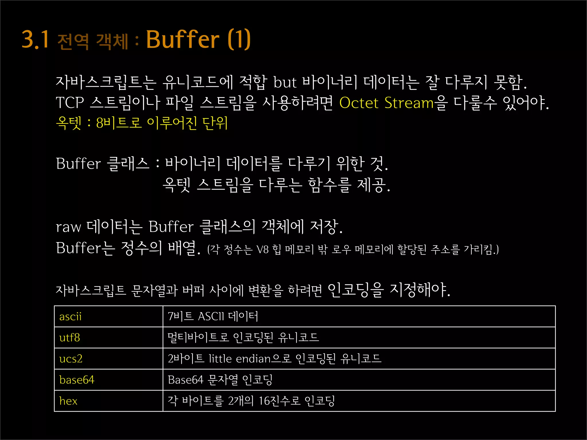 3.1  전역  객체  :  Buffer  (1)
    자바스크립트는 유니코드에 적합 but 바이너리 데이터는 잘 다루지 못함.
    TCP 스트림이나 파일 스트림을 사용하려면 Octet Stream을 다룰수 있어야.
    옥텟 : 8비트로 이루어진 단위

    Buffer 클래스 : 바이너리 데이터를 다루기 위한 것.
                옥텟 스트림을 다루는 함수를 제공.

    raw 데이터는 Buffer 클래스의 객체에 저장.
    Buffer는 정수의 배열. (각 정수는 V8 힙 메모리 밖 로우 메모리에 할당된 주소를 가리킴.)

    자바스크립트 문자열과 버퍼 사이에 변환을 하려면         인코딩을 지정해야.
    ascii        7비트 ASCII 데이터
    utf8         멀티바이트로 인코딩된 유니코드
    ucs2         2바이트 little endian으로 인코딩된 유니코드
    base64       Base64 문자열 인코딩
    hex          각 바이트를 2개의 16진수로 인코딩
 