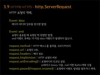 3.9  HTTP와  HTTPS  :  http.ServerRequest
   HTTP 요청의 객체.

   Event: data
    메시지 바디의 일부를 받으면 발생.


   Event: end
    요청이 종료될 때 요청당 딱 한번만 발생.
    end 이벤트 후에는 더 이상 data 이벤트가 발생하지 않는다.


   request.method : HTTP 메소드를 돌려줌. (GET/POST)
   request.url : 요청의 URL
   request.headers : 헤더 정보
   request.httpVersion : HTTP 요청의 버전
   request.setEncoding() : 요청바디의 인코딩 설정.
                          utf8이나 binary 사용. null 이면 Buffer객체 사용
   request.pause()/request.resume() : 요청에서 이벤트 발생을 멈추거나 재개.
 
