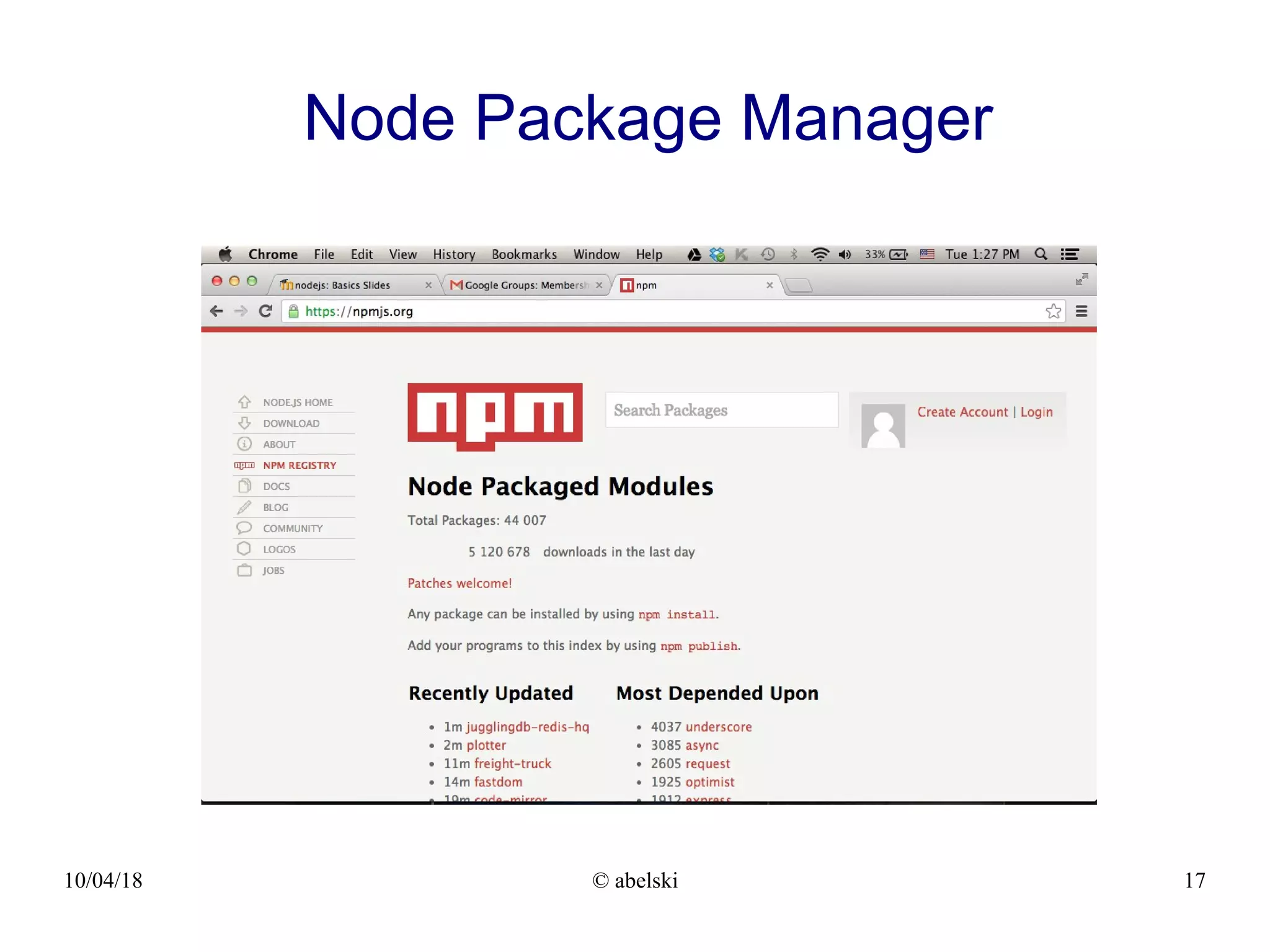 10/04/18 © abelski 17 Node Package Manager 
