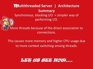 ultithreaded Server | Architecture Summary 
Synchronous, blocking I/O = simpler way of performing I/O. More threads because of the direct association to connections. This causes more memory and higher CPU usage due to more context switching among threads  