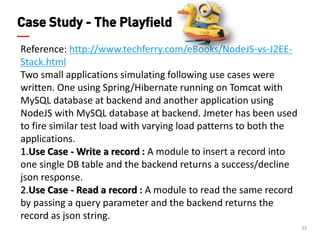 23 
Case Study - The Playfield 
Reference: http://www.techferry.com/eBooks/NodeJS-vs-J2EE- Stack.html Two small applications simulating following use cases were written. One using Spring/Hibernate running on Tomcat with MySQL database at backend and another application using NodeJS with MySQL database at backend. Jmeter has been used to fire similar test load with varying load patterns to both the applications. 1.Use Case - Write a record : A module to insert a record into one single DB table and the backend returns a success/decline json response. 2.Use Case - Read a record : A module to read the same record by passing a query parameter and the backend returns the record as json string.  
