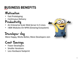 51 
BUSINESS BENEFITS 
Motivation 
•Fast Prototyping 
•Continuous Delivery Productivity 
•An Enterprise Scale Web Server In 5 Lines 
•>80K Modules On NPM (Growing Ecosystem) Developer Joy More Happy, Works Better, More Developers Join Cost Savings 
•Fewer Developers 
•Smaller Iterations 
•Less Hardware footprint  