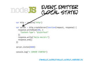 Event Emitter
                         (local state)
var http = require("http")

var server = http.createServer(function(request, response) {
  response.writeHead(200, {
    "Content-Type": "plain/text"
  })
  response.write("Hello Worldn")
  response.end()
})

server.listen(8080)

console.log("> SERVER STARTED")



                      01#hello_world/hello_world_server.js
 