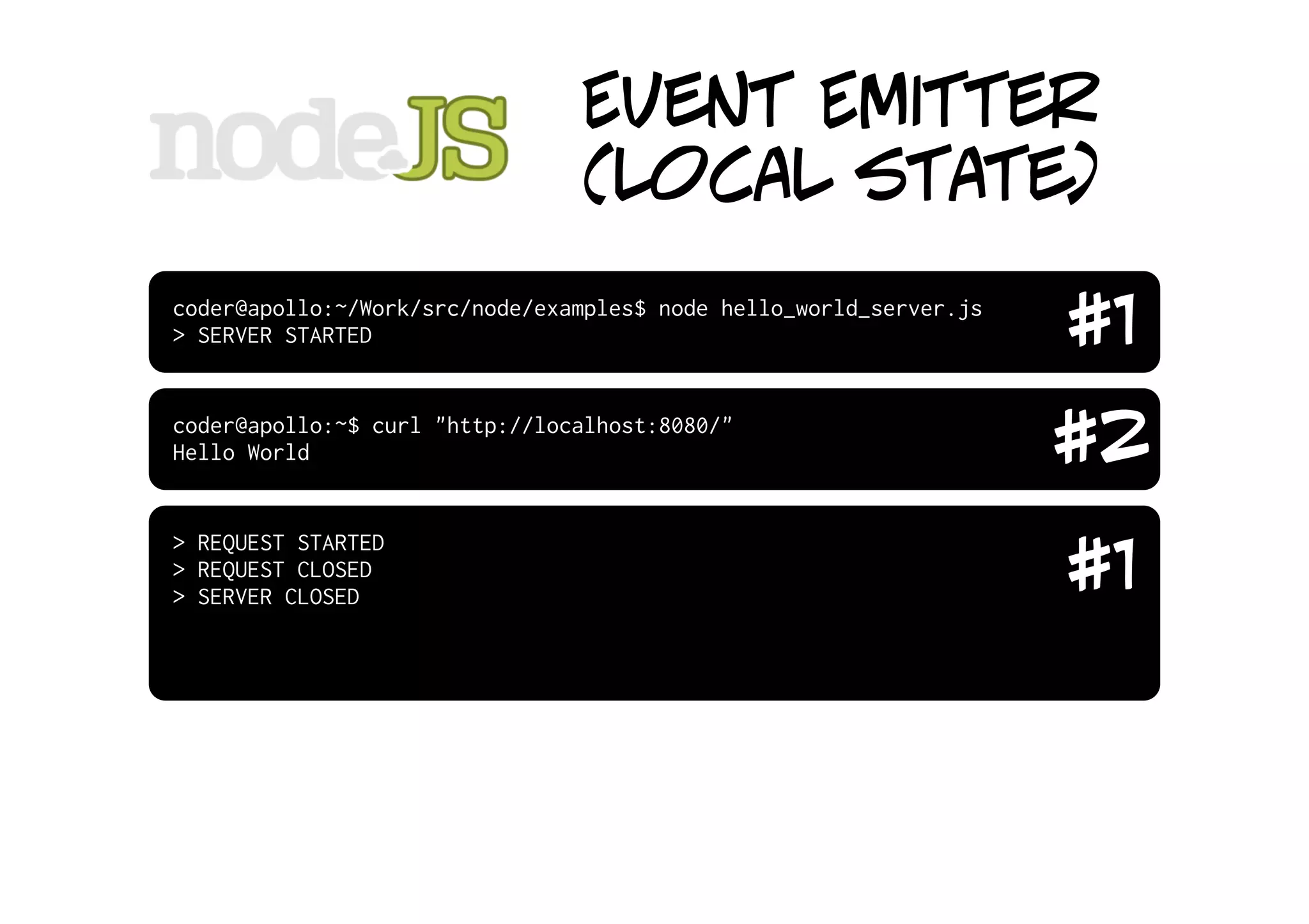 Event Emitter
                                (local state)
coder@apollo:~/Work/src/node/examples$ node hello_world_server.js
> SERVER STARTED                                                    #1
coder@apollo:~$ curl "http://localhost:8080/"
Hello World                                                         #2
                                                                    #1
> REQUEST STARTED
> REQUEST CLOSED
> SERVER CLOSED
 