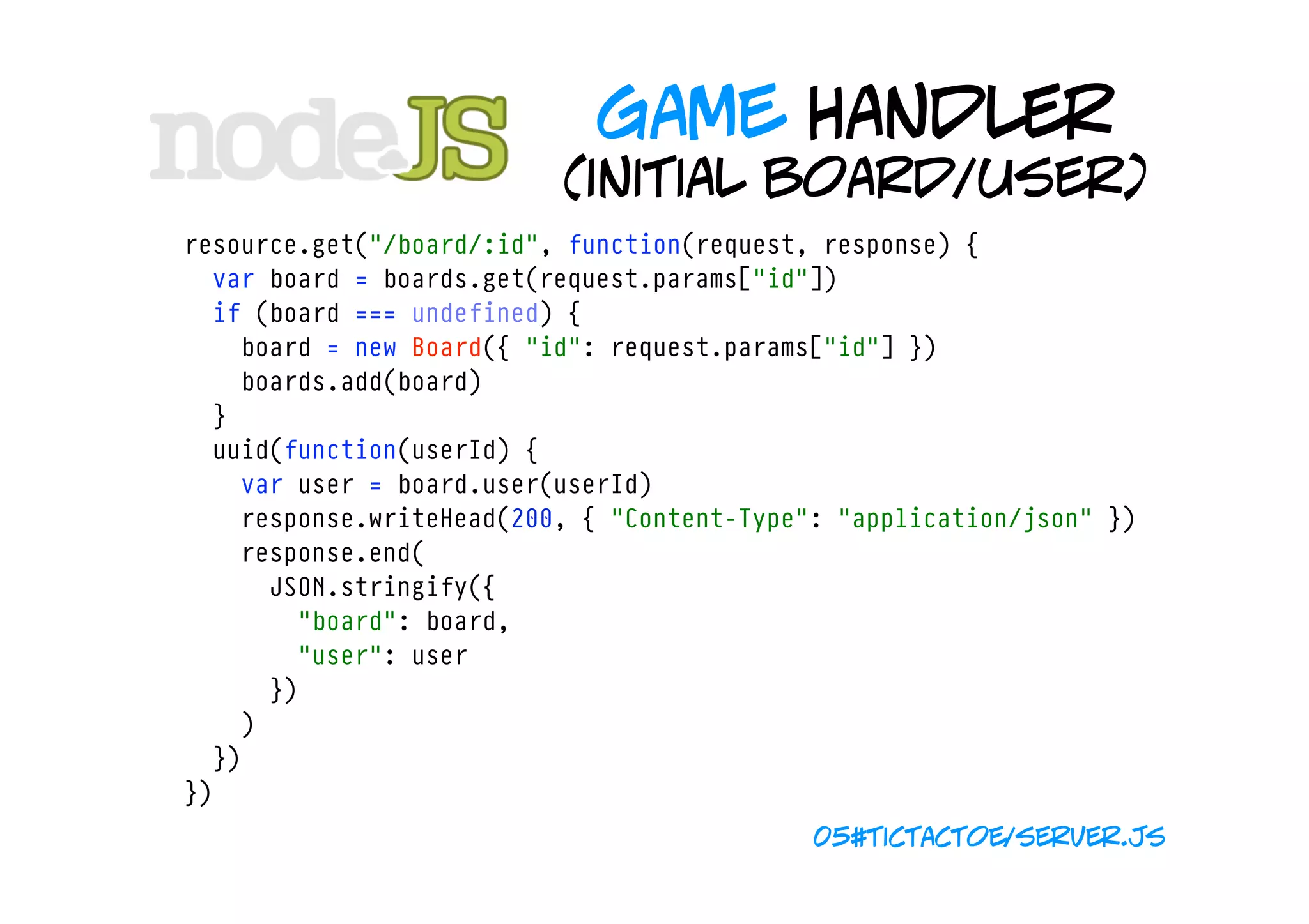 game handler
                              (initial board/user)
    resource.get("/board/:id", function(request, response) {
      var board = boards.get(request.params["id"])
      if (board === undefined) {
        board = new Board({ "id": request.params["id"] })
        boards.add(board)
      }
      uuid(function(userId) {
        var user = board.user(userId)
        response.writeHead(200, { "Content-Type": "application/json" })
        response.end(
          JSON.stringify({
            "board": board,
            "user": user
          })
        )
      })
    })
                                                05#tictactoe/server.js
 