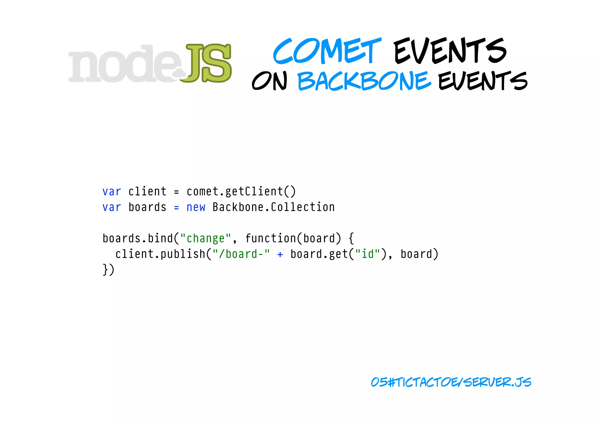 comet EVENTS
                       on backbone events



var client = comet.getClient()
var boards = new Backbone.Collection

boards.bind("change", function(board) {
  client.publish("/board-" + board.get("id"), board)
})




                                         05#tictactoe/server.js
 