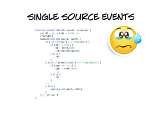 single source events
 function productsInCart(request, response) {
     var db = null, user = null, ...
     createDb()
     handle(function(source, event) {
         if (event["name"] === "createDb") {
             if (db === null) {
                 db = event.data
                 createUser(request)
             } else {
                 ????
             }
         } else if (event["name"] === "createUser") {
             if (user === null) {
                 user = event.data
                 ...
             } else {
                 ???
             }
         ... 
         } else {
             source.push(event, state)
         }
     }, "_initial")
 }
 