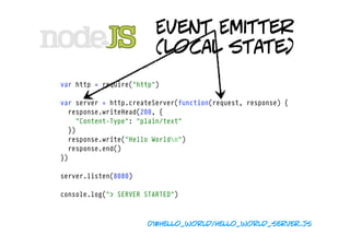 Event Emitter
                         (local state)
var http = require("http")

var server = http.createServer(function(request, response) {
  response.writeHead(200, {
    "Content-Type": "plain/text"
  })
  response.write("Hello Worldn")
  response.end()
})

server.listen(8080)

console.log("> SERVER STARTED")



                      01#hello_world/hello_world_server.js
 