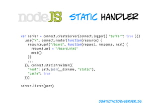 static handler

var server = connect.createServer(connect.logger({ "buffer": true }))
  .use("/", connect.router(function(resource) {
    resource.get("/board", function(request, response, next) {
      request.url = "/board.html"
      next()
    })
    ...
  }), connect.staticProvider({ 
    "root": path.join(__dirname, "static"), 
    "cache": true 
  }))

server.listen(port)



                                             05#tictactoe/server.js
 