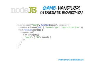 game handler
                           (generate board-id)


    resource.post("/board", function(request, response) {
      response.writeHead(200, { "Content-Type": "application/json" })
      uuid(function(boardId) {
        response.end(
          JSON.stringify({
            "board": { "id": boardId }
          })
        )
      })
    })




                                             05#tictactoe/server.js
 