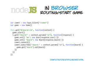 in browser
                                 routing/start game

    var comet = new Faye.Client("/comet")
    var game = new Game()

    this.get("#/board/:id", function(context) {
      game.start()
      $.get("/board/" + context.params["id"], function(response) {
        game.set({ "me": new User(response.user) })
        game.set({ "board": new Board(response.board) })
        comet.connect()
        comet.subscribe("/board-" + context.params["id"], function(board) {
          game.get("board").set(board)
        })
      })
    })

                                            05#tictactoe/static/board.html
 
