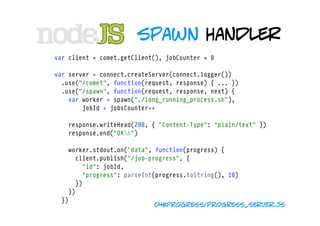 spawn handler
var client = comet.getClient(), jobCounter = 0

var server = connect.createServer(connect.logger())
  .use("/comet", function(request, response) { ... })
  .use("/spawn", function(request, response, next) {
    var worker = spawn("./long_running_process.sh"),
        jobId = jobsCounter++
        
    response.writeHead(200, { "Content-Type": "plain/text" })
    response.end("OKn")

    worker.stdout.on("data", function(progress) {
      client.publish("/job-progress", { 
        "id": jobId, 
        "progress": parseInt(progress.toString(), 10)
      })
    })
  })
                             04#progress/progress_server.js
 
