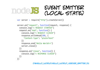 Event Emitter
                         (local state)

...

server.on("close", function() {
  console.log("> SERVER CLOSED"...