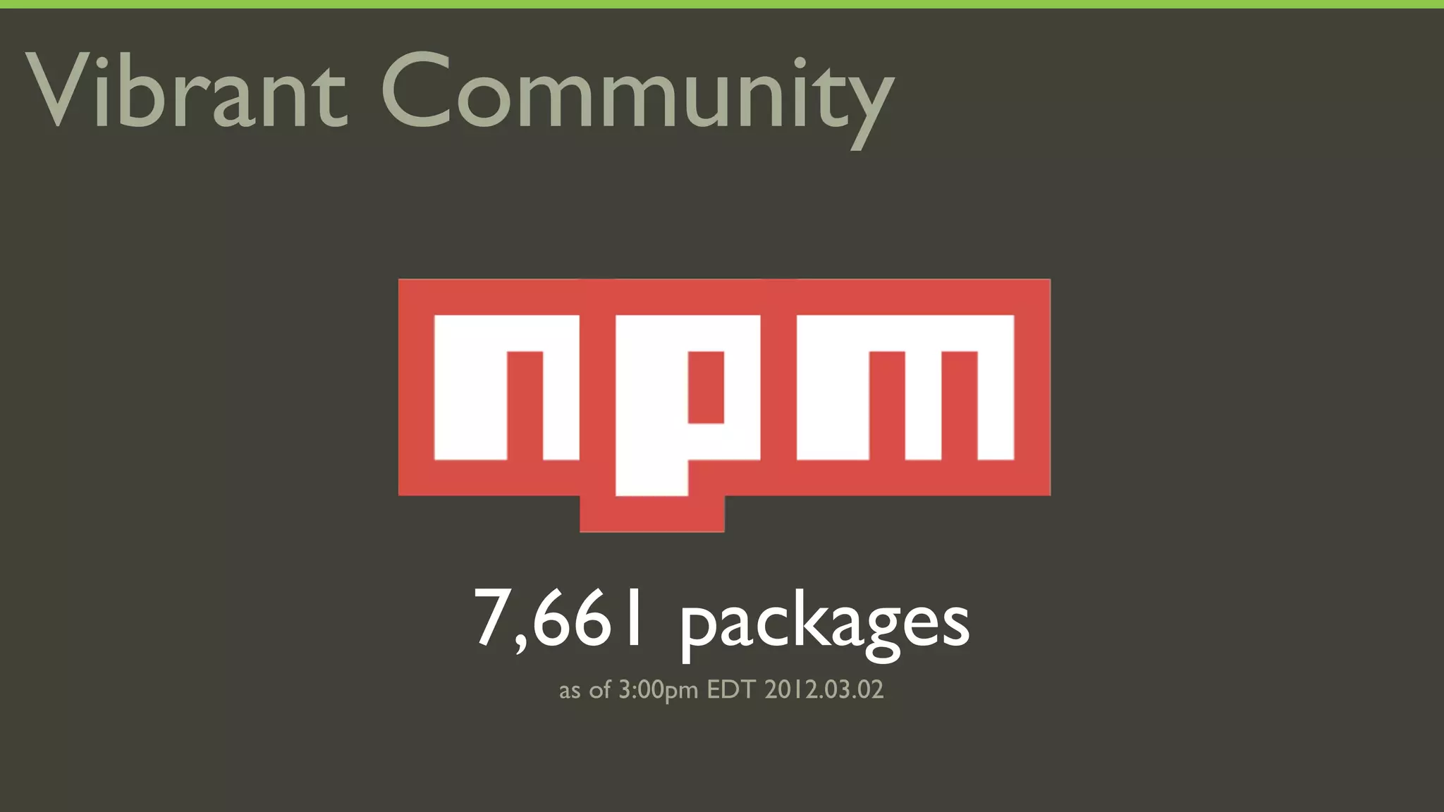 Vibrant Community



        7,661 packages
          as of 3:00pm EDT 2012.03.02
 
