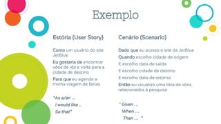 Estória (User Story)
Como um usuário do site
JetBlue
Eu gostaria de encontrar
vôos de ida e volta para a
cidade de destino
Para que eu agende a
minha viagem de férias
“As a/an …
I would like ..
So that”
Cenário (Scenario)
Dado que eu acesso o site da JetBlue
Quando escolho cidade de origem
E escolho data de saída
E escolho cidade de destino
E escolho data de retorno
Então eu visualizo uma lista de vôos
relacionados à pesquisa
“ Given …
When …
Then … ”
Exemplo
 