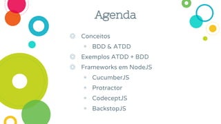 ◎ Conceitos
◉ BDD & ATDD
◎ Exemplos ATDD + BDD
◎ Frameworks em NodeJS
◉ CucumberJS
◉ Protractor
◉ CodeceptJS
◉ BackstopJS
Agenda
 