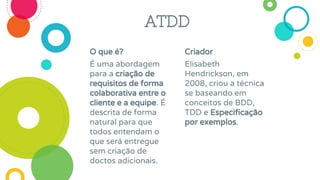 O que é?
É uma abordagem
para a criação de
requisitos de forma
colaborativa entre o
cliente e a equipe. É
descrita de forma
natural para que
todos entendam o
que será entregue
sem criação de
doctos adicionais.
Criador
Elisabeth
Hendrickson, em
2008, criou a técnica
se baseando em
conceitos de BDD,
TDD e Especificação
por exemplos.
ATDD
 