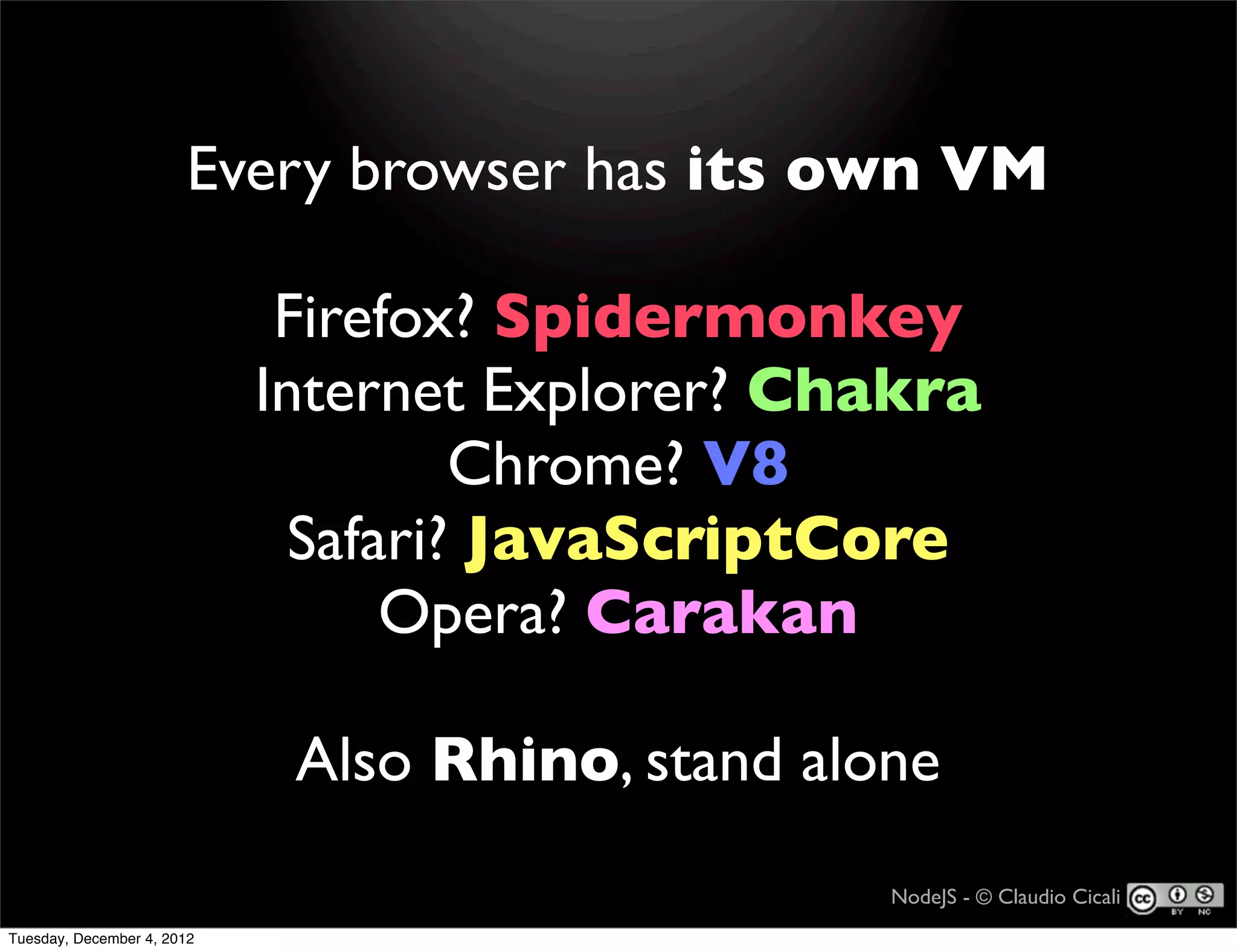 Every browser has its own VM

                             Firefox? Spidermonkey
                            Internet Explorer? Chakra
                                     Chrome? V8
                              Safari? JavaScriptCore
                                  Opera? Carakan

                             Also Rhino, stand alone
                                                  NodeJS - © Claudio Cicali
Tuesday, December 4, 2012
 