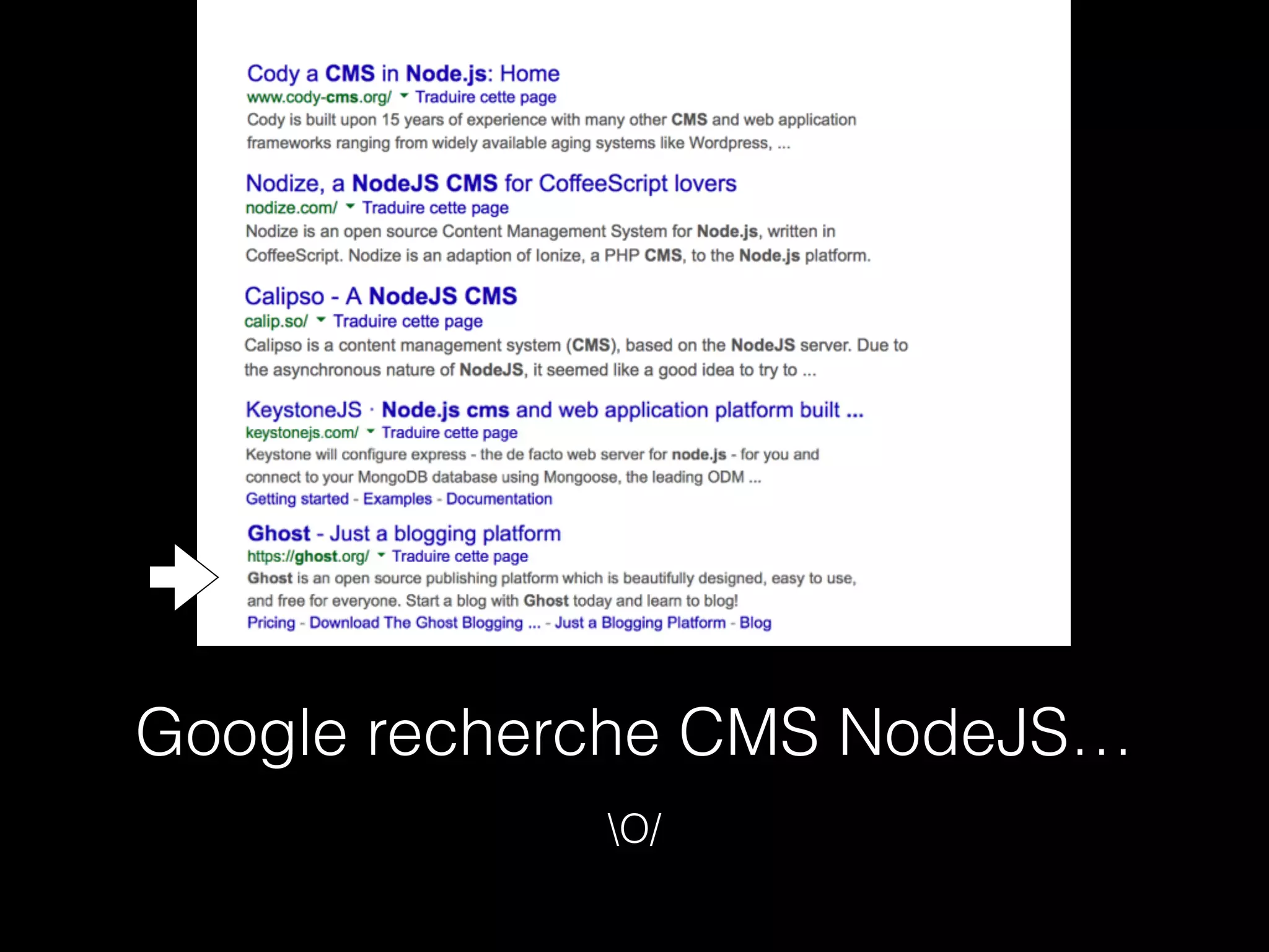Google recherche CMS NodeJS… 
O/ 
 