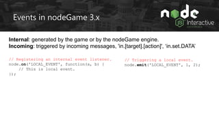 Events in nodeGame 3.x
Internal: generated by the game or by the nodeGame engine.
Incoming: triggered by incoming messages...