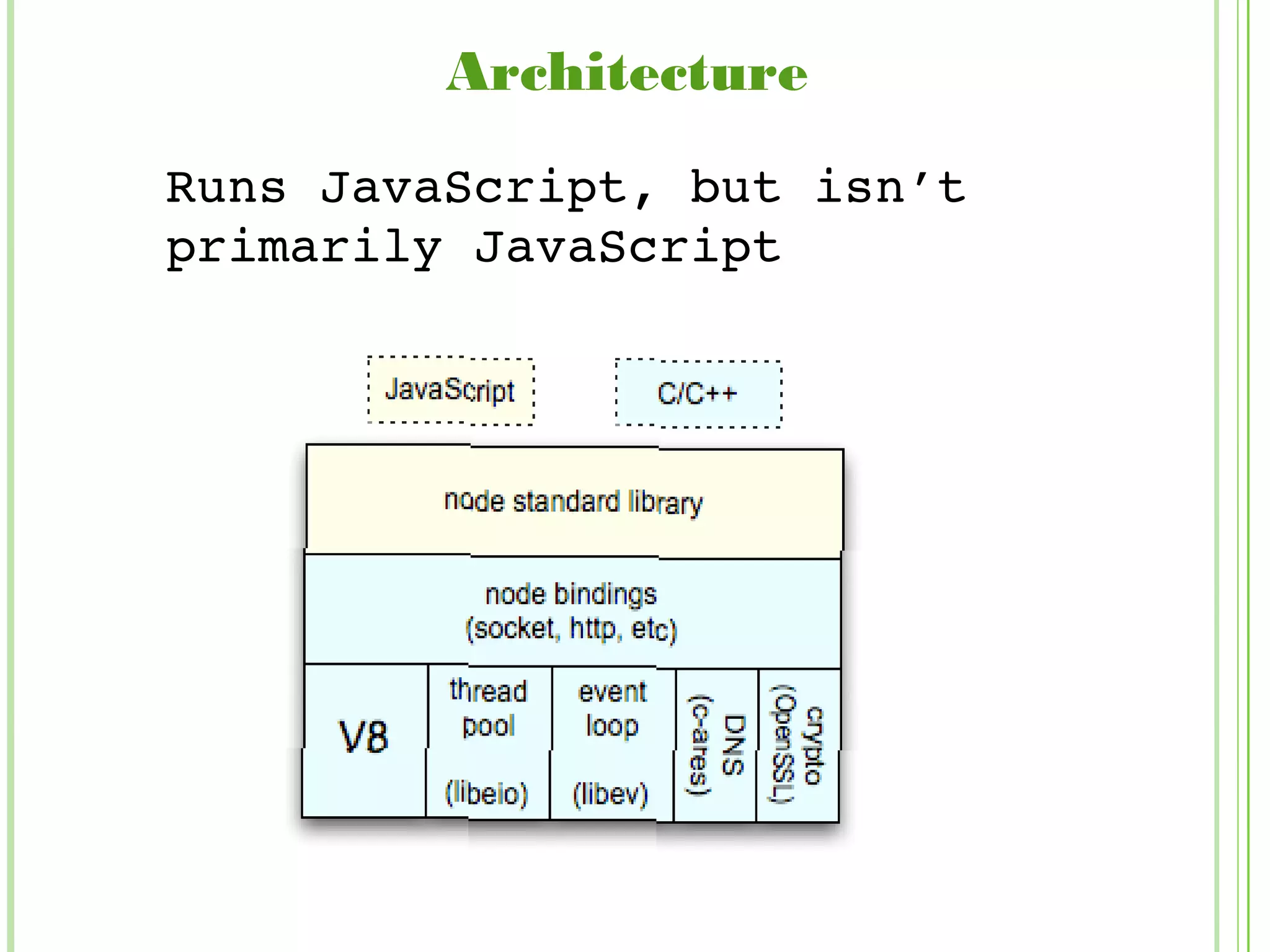 Architecture
Runs JavaScript, but isn’t
primarily JavaScript
 