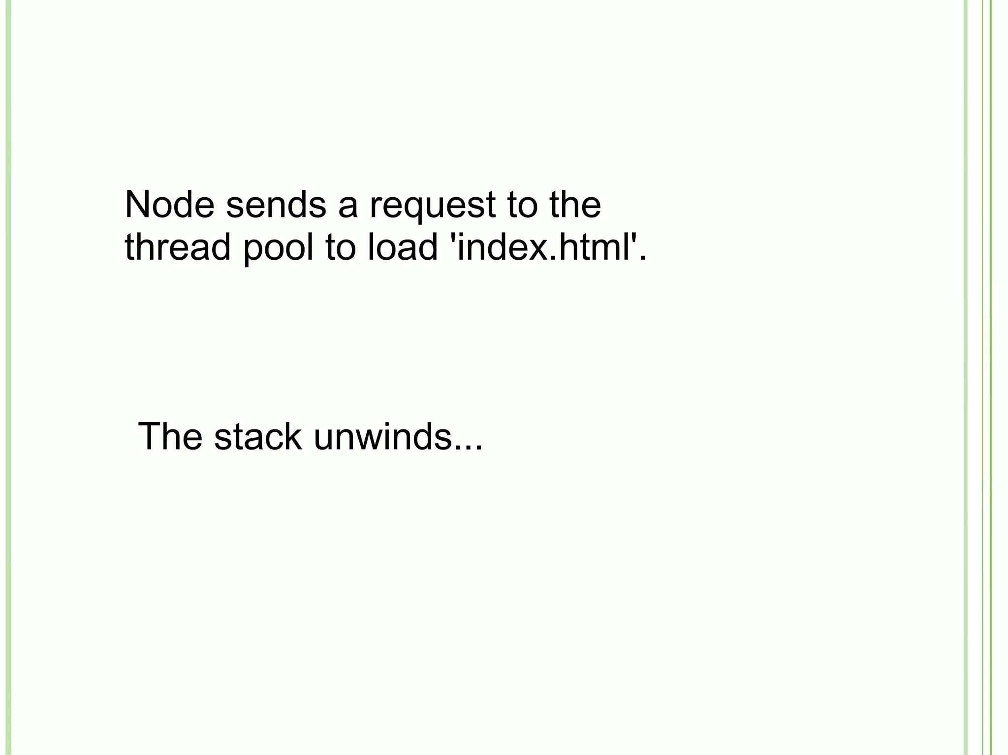 Node sends a request to the
thread pool to load 'index.html'.
The stack unwinds...
 
