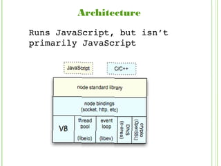 Architecture
Runs JavaScript, but isn’t
primarily JavaScript
 