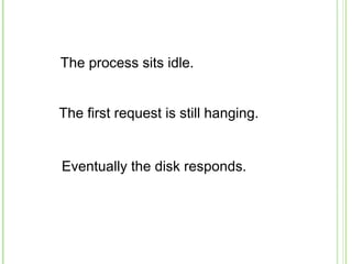 The process sits idle.
The first request is still hanging.
Eventually the disk responds.
 