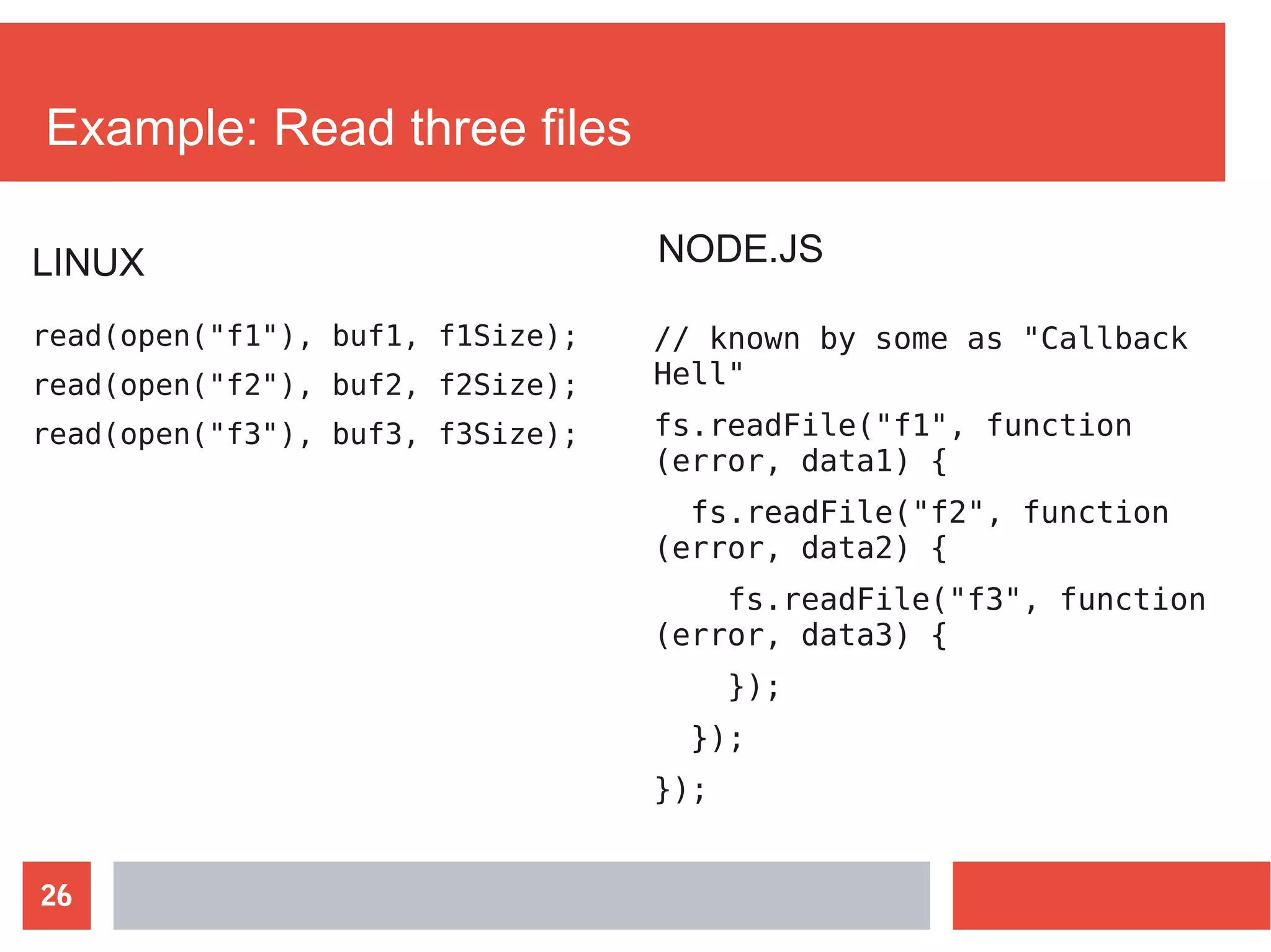 26
Example: Read three files
read(open("f1"), buf1, f1Size);
read(open("f2"), buf2, f2Size);
read(open("f3"), buf3, f3Size);
LINUX NODE.JS
// known by some as "Callback
Hell"
fs.readFile("f1", function
(error, data1) {
fs.readFile("f2", function
(error, data2) {
fs.readFile("f3", function
(error, data3) {
});
});
});
 