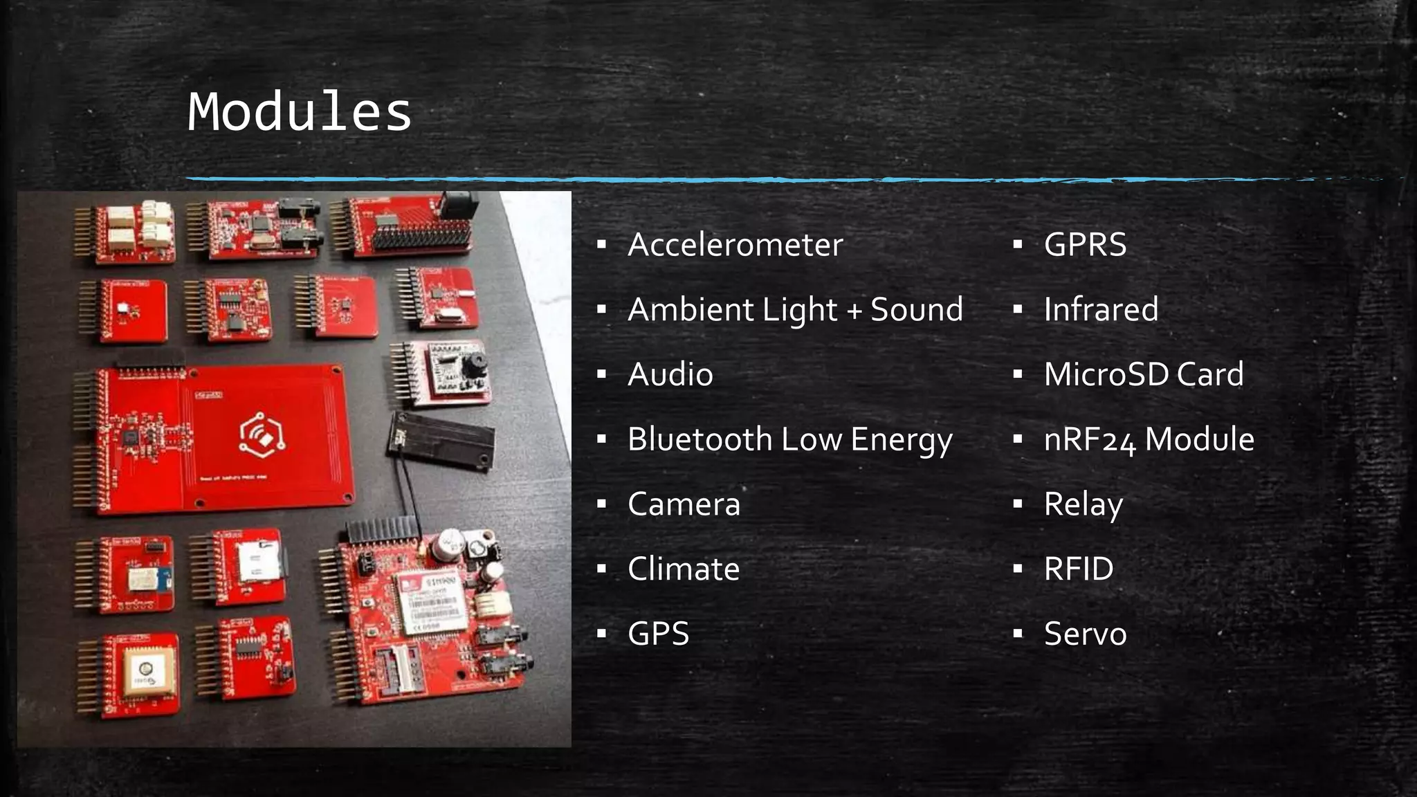 Modules
▪ Accelerometer
▪ Ambient Light + Sound
▪ Audio
▪ Bluetooth Low Energy
▪ Camera
▪ Climate
▪ GPS
▪ GPRS
▪ Infrared
▪ MicroSD Card
▪ nRF24 Module
▪ Relay
▪ RFID
▪ Servo
 