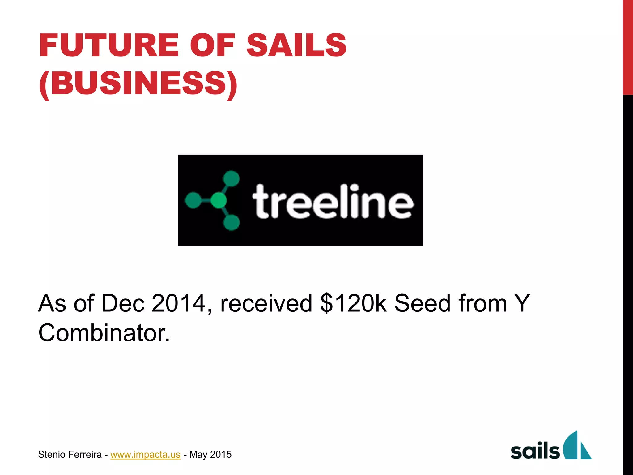 Stenio Ferreira - www.impacta.us - May 2015
FUTURE OF SAILS
(BUSINESS)
As of Dec 2014, received $120k Seed from Y
Combinator.
 
