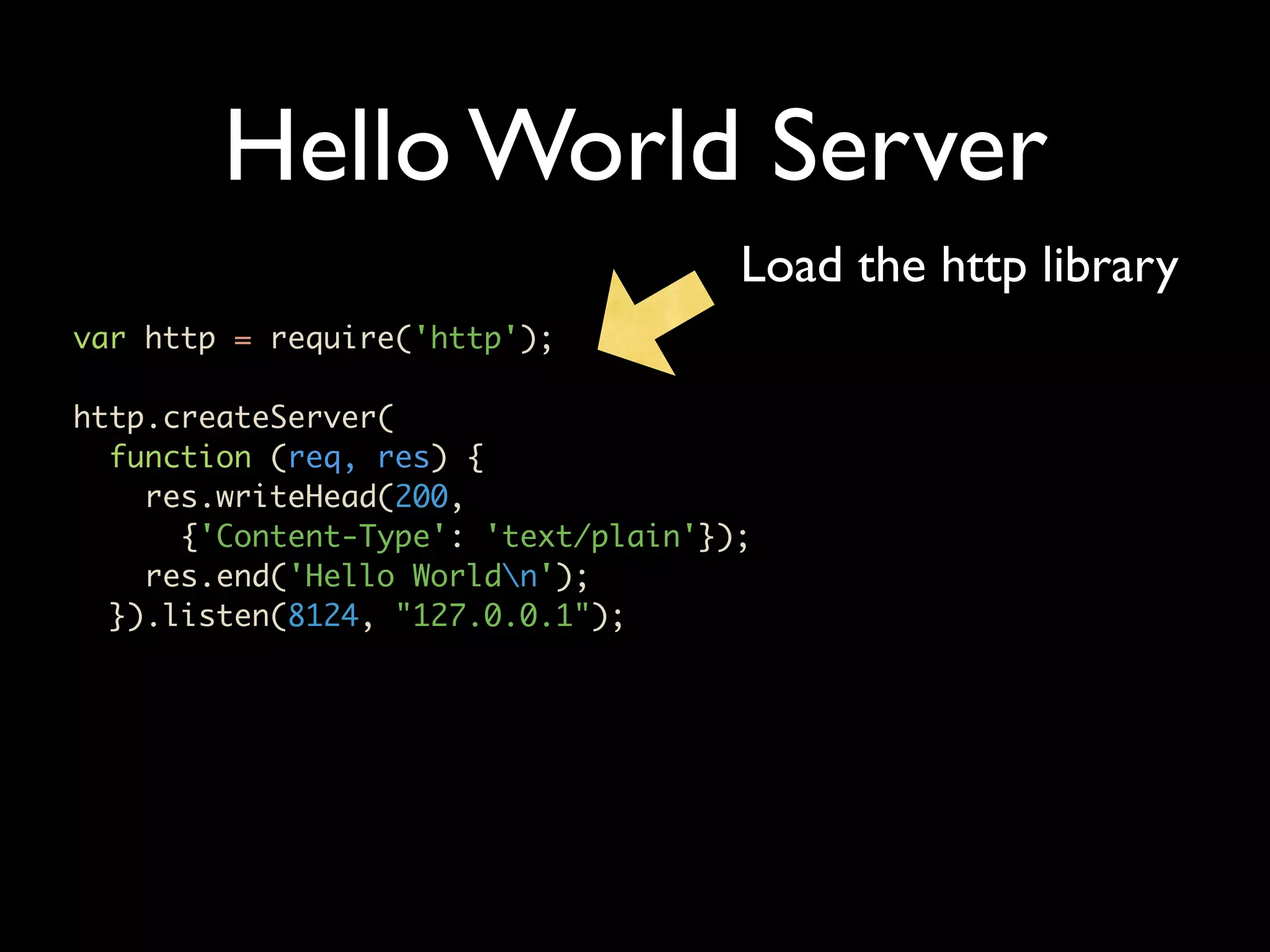 Hello World Server Load the http library var http = require('http'); http.createServer( function (req, res) { res.writeHead(200, {'Content-Type': 'text/plain'}); res.end('Hello Worldn'); }).listen(8124, "127.0.0.1"); 