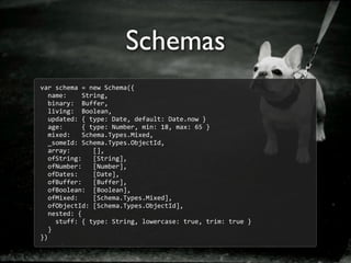 Schemas
var	
  schema	
  =	
  new	
  Schema({
	
  	
  name:	
  	
  	
  	
  String,
	
  	
  binary:	
  	
  Buffer,
	
  	
  living:	
  	
  Boolean,
	
  	
  updated:	
  {	
  type:	
  Date,	
  default:	
  Date.now	
  }
	
  	
  age:	
  	
  	
  	
  	
  {	
  type:	
  Number,	
  min:	
  18,	
  max:	
  65	
  }
	
  	
  mixed:	
  	
  	
  Schema.Types.Mixed,
	
  	
  _someId:	
  Schema.Types.ObjectId,
	
  	
  array:	
  	
  	
  	
  	
  	
  [],
	
  	
  ofString:	
  	
  	
  [String],
	
  	
  ofNumber:	
  	
  	
  [Number],
	
  	
  ofDates:	
  	
  	
  	
  [Date],
	
  	
  ofBuffer:	
  	
  	
  [Buffer],
	
  	
  ofBoolean:	
  	
  [Boolean],
	
  	
  ofMixed:	
  	
  	
  	
  [Schema.Types.Mixed],
	
  	
  ofObjectId:	
  [Schema.Types.ObjectId],
	
  	
  nested:	
  {
	
  	
  	
  	
  stuff:	
  {	
  type:	
  String,	
  lowercase:	
  true,	
  trim:	
  true	
  }
	
  	
  }
})
 