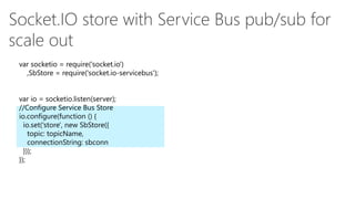 var socketio = require('socket.io')
,SbStore = require('socket.io-servicebus');

var io = socketio.listen(server);
//Configure Service Bus Store
io.configure(function () {
io.set('store', new SbStore({
topic: topicName,
connectionString: sbconn
}));
});

 