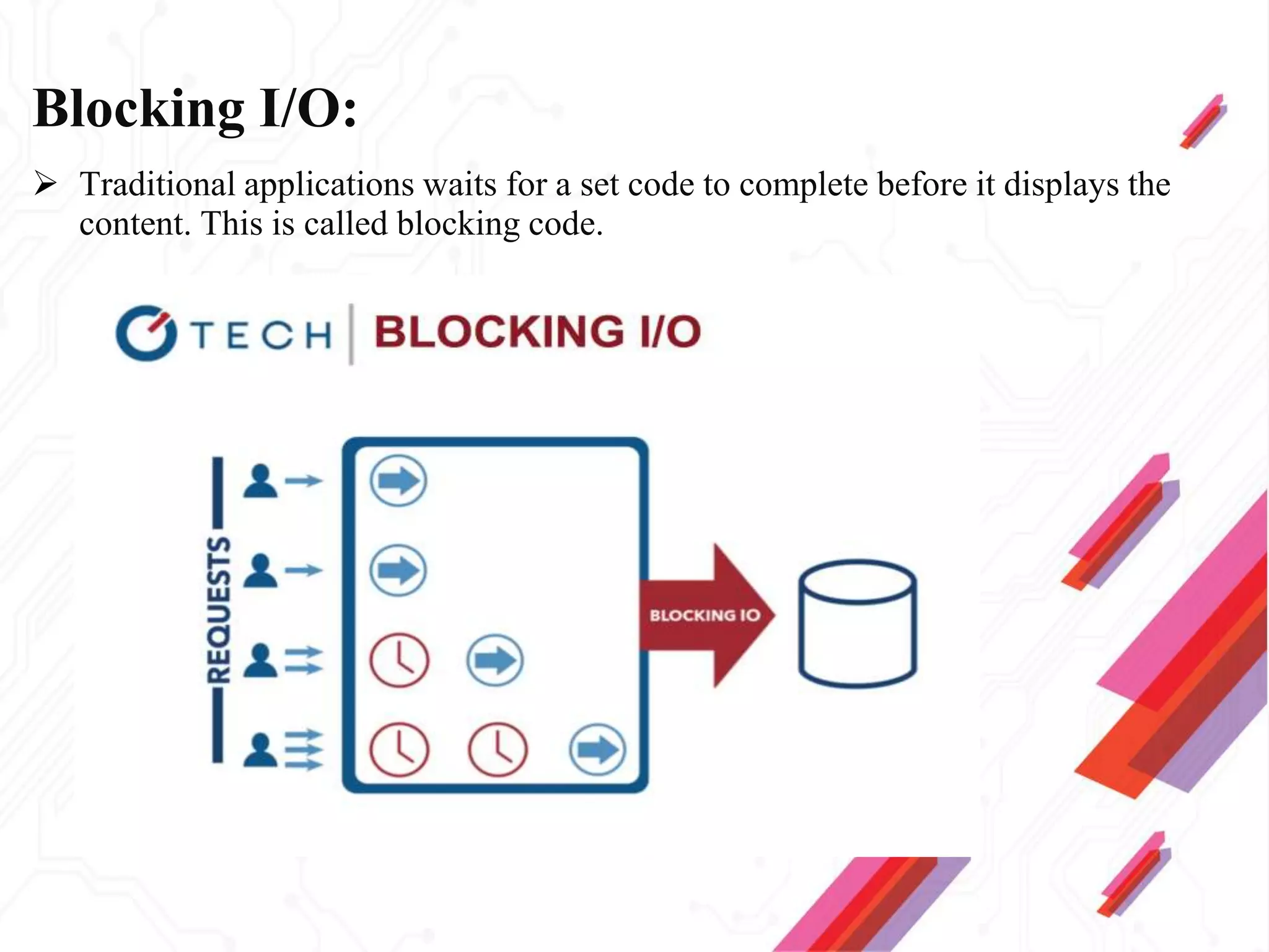 Blocking I/O:
 Traditional applications waits for a set code to complete before it displays the
content. This is called blocking code.
 