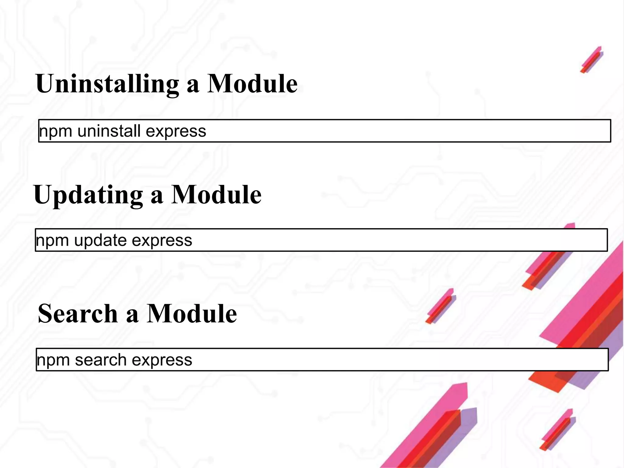 Uninstalling a Module
npm uninstall express
Updating a Module
npm update express
Search a Module
npm search express
 