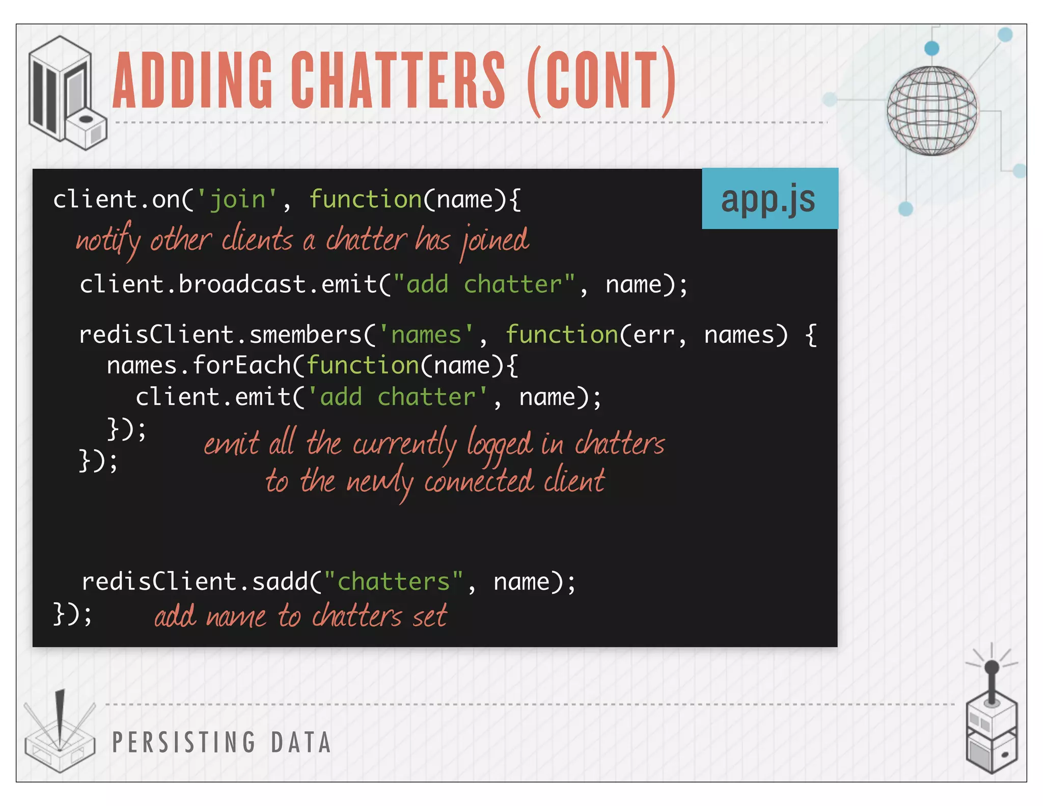P E R S I S T I N G D A T A
ADDING CHATTERS (CONT)
client.on('join', function(name){
client.broadcast.emit("add chatter", name);
redisClient.sadd("chatters", name);
});
app.js
notify other clients a chatter has joined
add name to chatters set
emit all the currently logged in chatters
to the newly connected client
redisClient.smembers('names', function(err, names) {
names.forEach(function(name){
client.emit('add chatter', name);
});
});
 