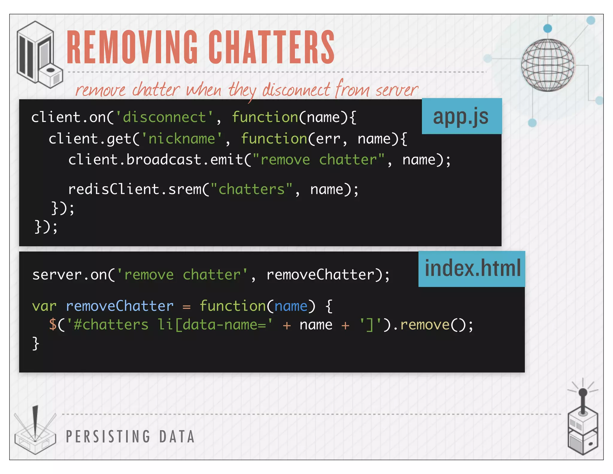 P E R S I S T I N G D A T A
REMOVING CHATTERS
client.on('disconnect', function(name){ app.js
index.html
client.get('nickname', function(err, name){
client.broadcast.emit("remove chatter", name);
redisClient.srem("chatters", name);
});
});
remove chatter when they disconnect from server
server.on('remove chatter', removeChatter);
var removeChatter = function(name) {
$('#chatters li[data-name=' + name + ']').remove();
}
 