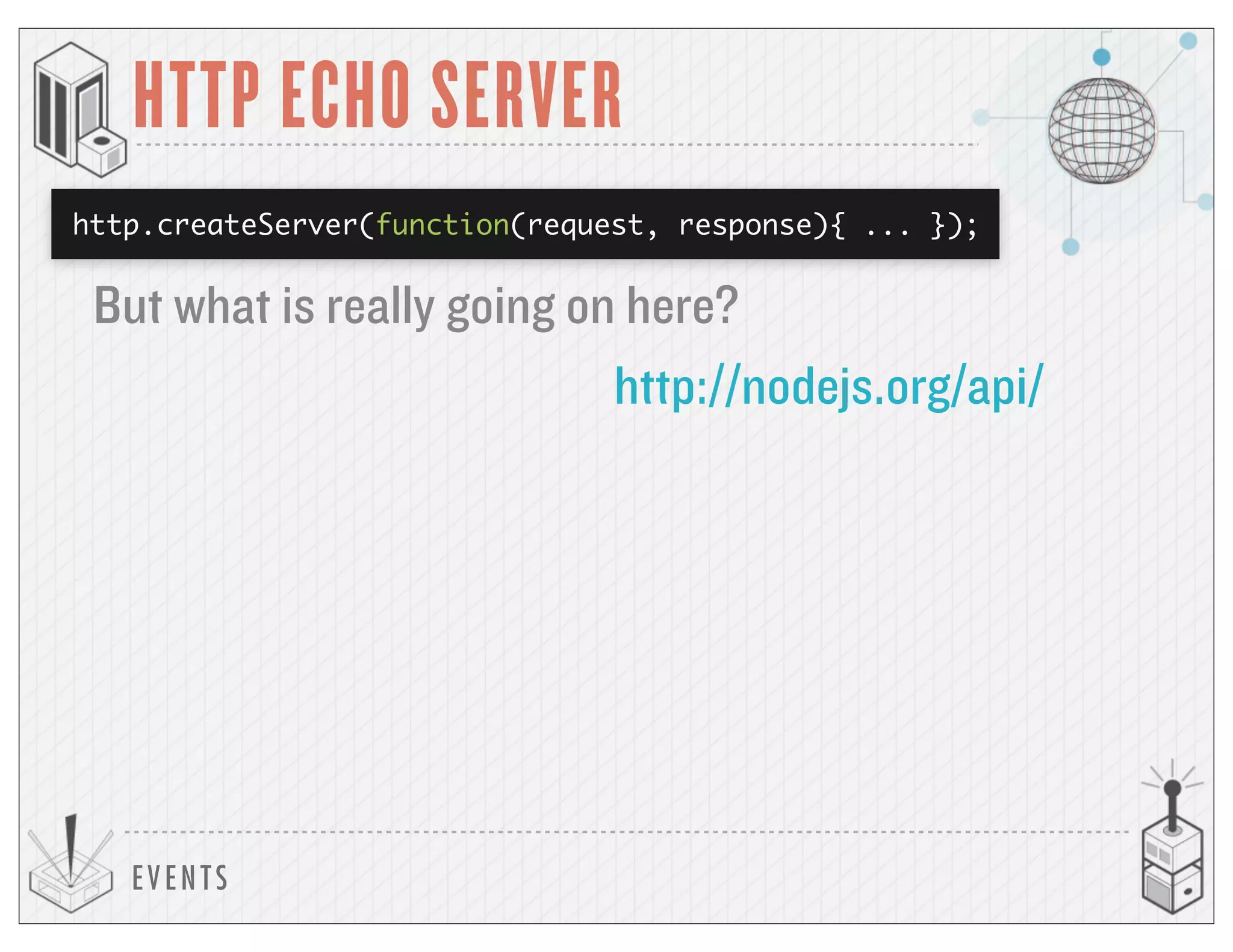 EVENTS
HTTP ECHO SERVER
http.createServer(function(request, response){ ... });
But what is really going on here?
http://nodejs.org/api/
 