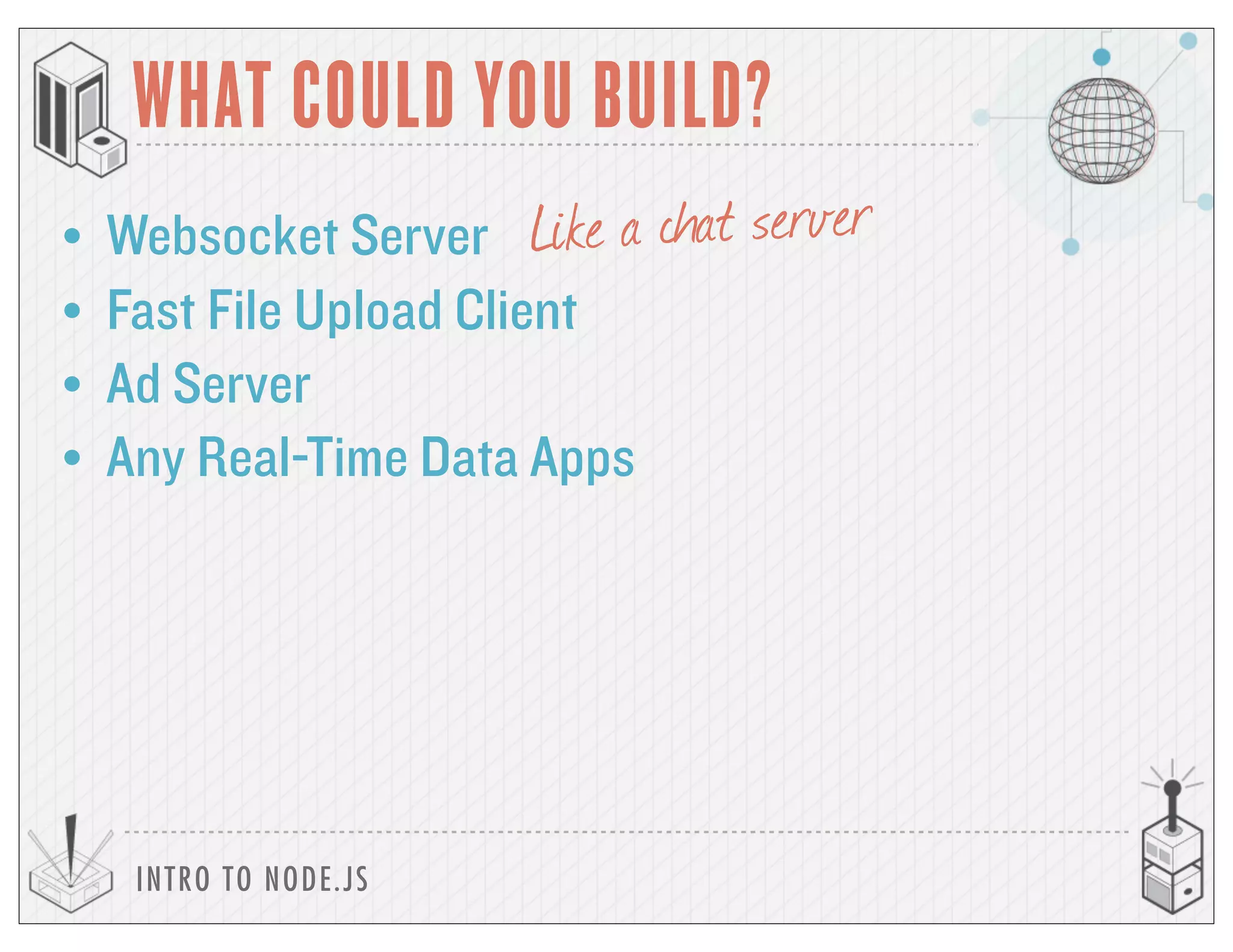 INTRO TO NODE.JS
WHAT COULD YOU BUILD?
• Websocket Server
• Fast File Upload Client
• Ad Server
• Any Real-Time Data Apps
Like a chat server
 