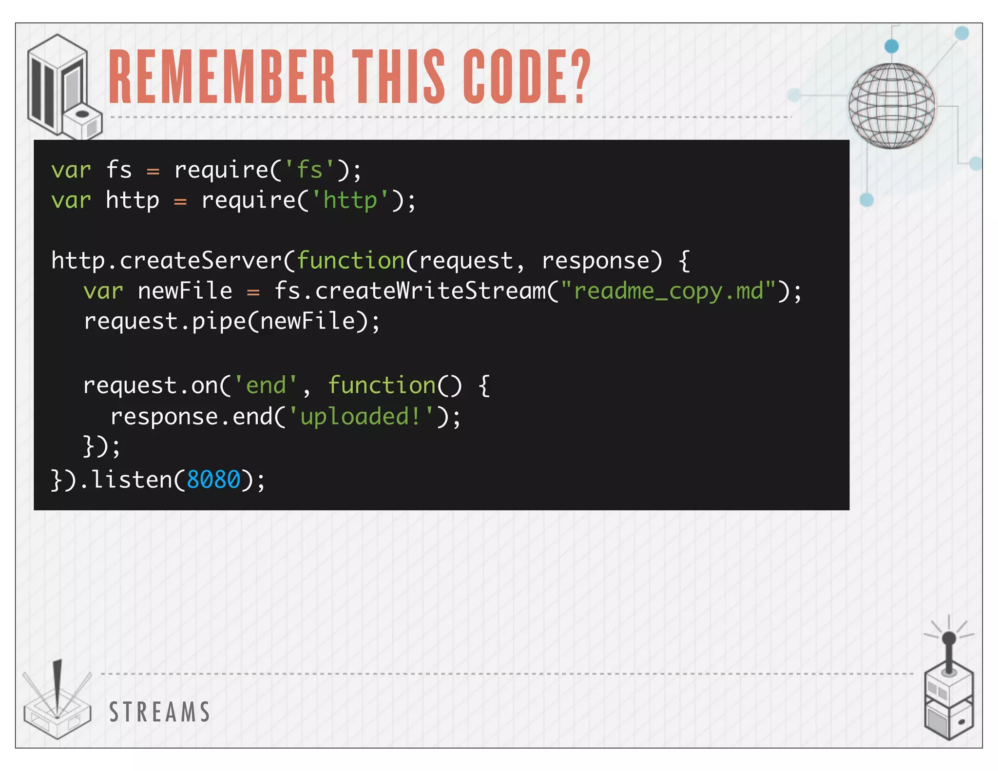 S T R E A M S
REMEMBER THIS CODE?
var fs = require('fs');
var newFile = fs.createWriteStream("readme_copy.md");
var http = require('http');
http.createServer(function(request, response) {
request.pipe(newFile);
}).listen(8080);
response.end('uploaded!');
request.on('end', function() {
});
 