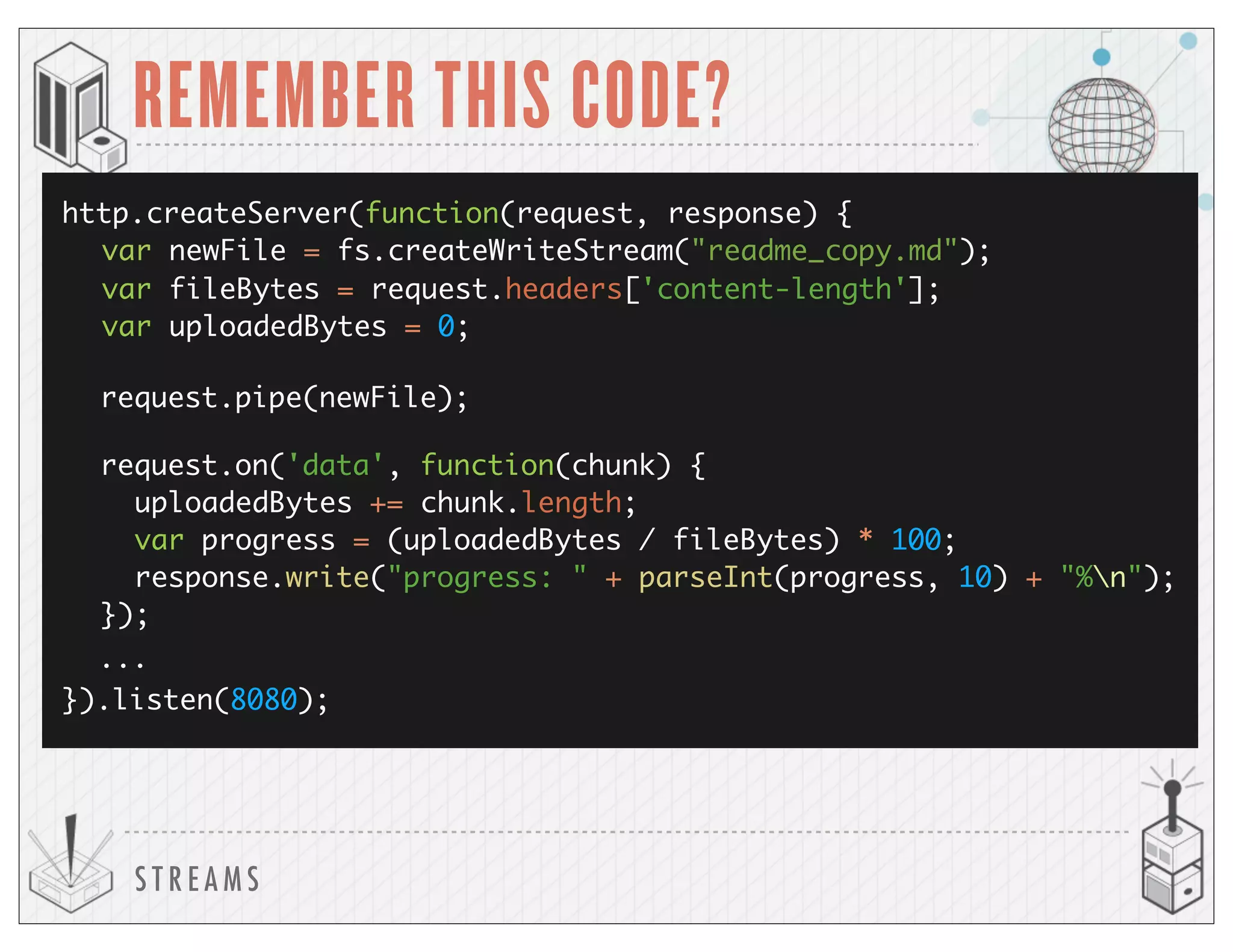 S T R E A M S
REMEMBER THIS CODE?
var newFile = fs.createWriteStream("readme_copy.md");
http.createServer(function(request, response) {
request.pipe(newFile);
}).listen(8080);
...
request.on('data', function(chunk) {
uploadedBytes += chunk.length;
var progress = (uploadedBytes / fileBytes) * 100;
response.write("progress: " + parseInt(progress, 10) + "%n");
});
var uploadedBytes = 0;
var fileBytes = request.headers['content-length'];
 