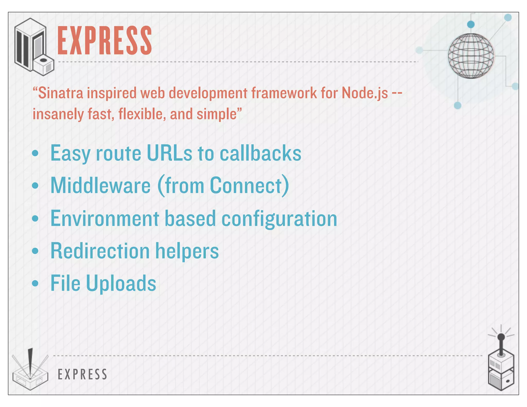 EXP RESS
EXPRESS
“Sinatra inspired web development framework for Node.js --
insanely fast, flexible, and simple”
• Easy route URLs to callbacks
• Middleware (from Connect)
• Environment based configuration
• Redirection helpers
• File Uploads
 