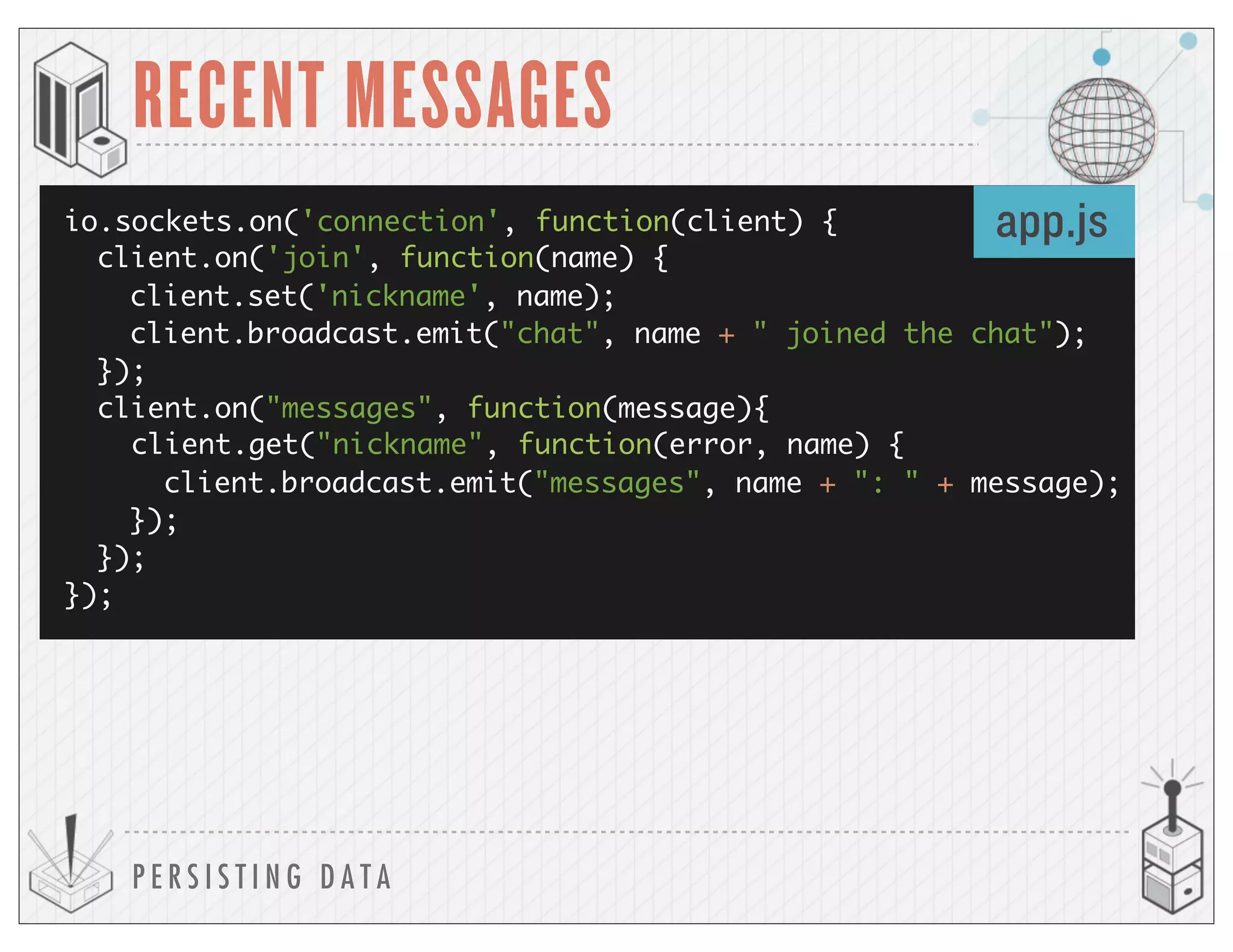 });
});
});
P E R S I S T I N G D A T A
RECENT MESSAGES
io.sockets.on('connection', function(client) {
client.on('join', function(name) {
client.set('nickname', name);
client.broadcast.emit("chat", name + " joined the chat");
});
client.on("messages", function(message){
client.get("nickname", function(error, name) {
client.broadcast.emit("messages", name + ": " + message);
app.js
 