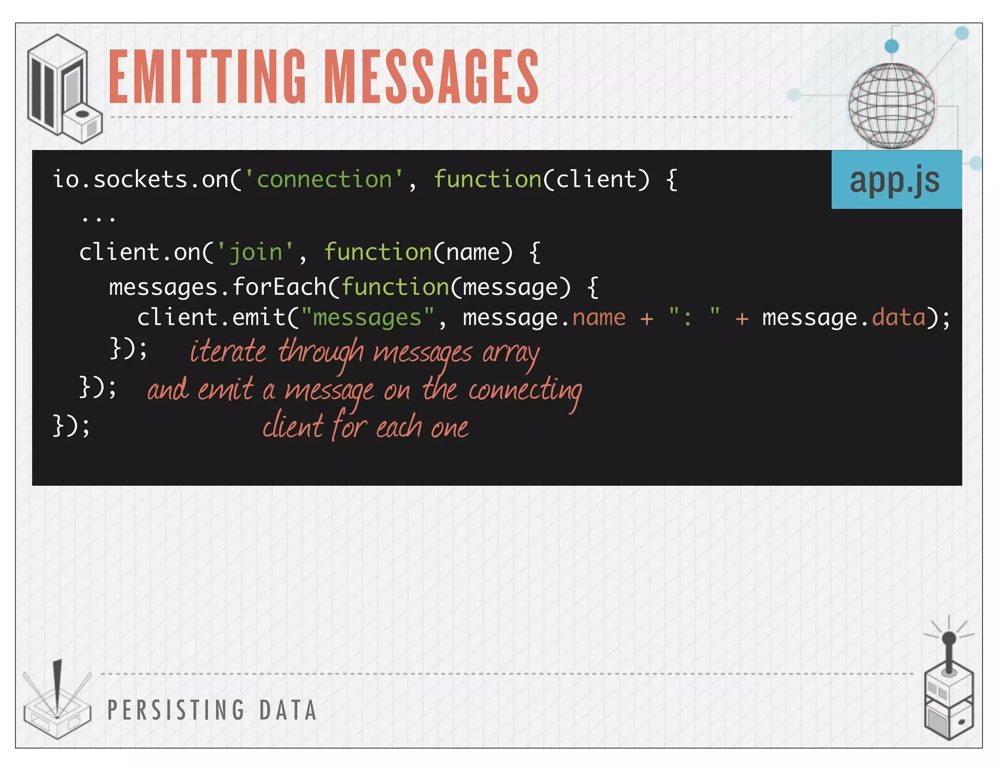 P E R S I S T I N G D A T A
EMITTING MESSAGES
io.sockets.on('connection', function(client) {
});
app.js
client.on('join', function(name) {
});
messages.forEach(function(message) {
client.emit("messages", message.name + ": " + message.data);
}); iterate through messages array
and emit a message on the connecting
client for each one
...
 
