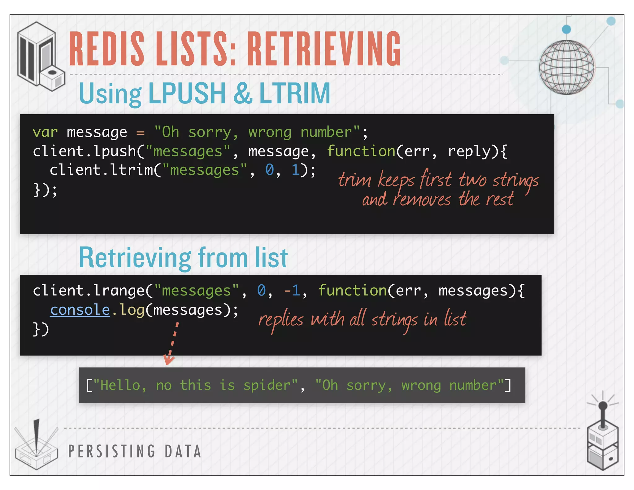 P E R S I S T I N G D A T A
REDIS LISTS: RETRIEVING
Using LPUSH & LTRIM
trim keeps first two strings
and removes the rest
Retrieving from list
client.lrange("messages", 0, -1, function(err, messages){
console.log(messages);
})
["Hello, no this is spider", "Oh sorry, wrong number"]
replies with all strings in list
var message = "Oh sorry, wrong number";
client.lpush("messages", message, function(err, reply){
client.ltrim("messages", 0, 1);
});
 