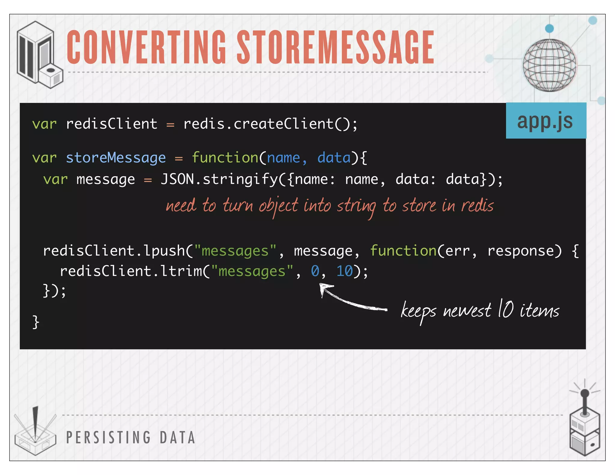 P E R S I S T I N G D A T A
CONVERTING STOREMESSAGE
var storeMessage = function(name, data){
}
var redisClient = redis.createClient();
var message = JSON.stringify({name: name, data: data});
redisClient.lpush("messages", message, function(err, response) {
redisClient.ltrim("messages", 0, 10);
});
keeps newest 10 items
app.js
need to turn object into string to store in redis
 