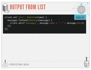 P E R S I S T I N G D A T A
OUTPUT FROM LIST
client.on('join', function(name) {
});
messages.forEach(function(message) {
client.emit("messages", message.name + ": " + message.data);
});
app.js
 