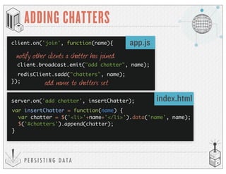 P E R S I S T I N G D A T A
ADDING CHATTERS
client.on('join', function(name){
client.broadcast.emit("add chatter", name);
redisClient.sadd("chatters", name);
});
app.js
notify other clients a chatter has joined
add name to chatters set
index.htmlserver.on('add chatter', insertChatter);
var insertChatter = function(name) {
var chatter = $('<li>'+name+'</li>').data('name', name);
$('#chatters').append(chatter);
}
 
